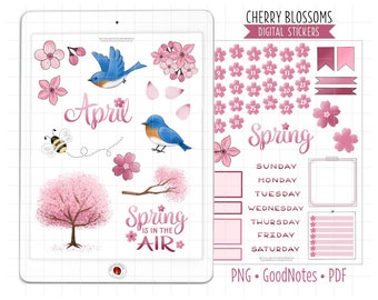 Spring Cherry Blossoms Digital Planner Stickers, April Monthly Kit, GoodNotes Stickers, Pre-Cropped PNG, Printable PDF, Journal Stickers