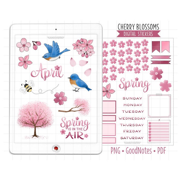 Spring Cherry Blossoms Digital Planner Stickers, April Monthly Kit, GoodNotes Stickers, Pre-Cropped PNG, Printable PDF, Journal Stickers