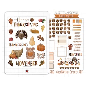 Happy Thanksgiving Digital Planner Stickers, November Monthly Kit, GoodNotes Stickers, PNG, Printable PDF, Fall Autumn Journal Stickers