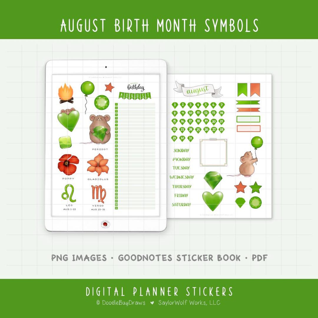 August Birth Month Symbols - Monthly Digital Planner Sticker Kit ...