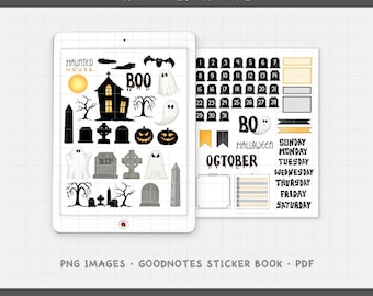 Haunted House - October Monthly Digital Planner Sticker Kit - Halloween Graveyard Ghosts (PNG, GoodNotes, PDF)