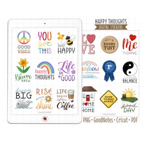 Pegatinas digitales con citas inspiradoras y pensamientos felices, pegatinas de GoodNotes, PNG precortado, pegatinas imprimibles en PDF para diario motivacional