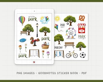 Pegatinas digitales para planificador de un día en el parque: iconos de picnic y actividades al aire libre (PNG, GoodNotes, PDF)