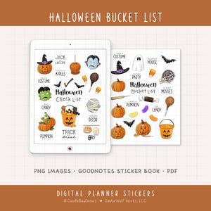 Könnte beinhalten: Digitale Planer-Aufkleber mit Halloween-Motiv. Das Bild zeigt ein Tablet und ein Notizbuch mit Illustrationen von Kürbissen, Fledermäusen, Süßigkeiten und anderen Halloween-bezogenen Elementen. Der Text enthält "Halloween Bucket List" und "Halloween Check List".
