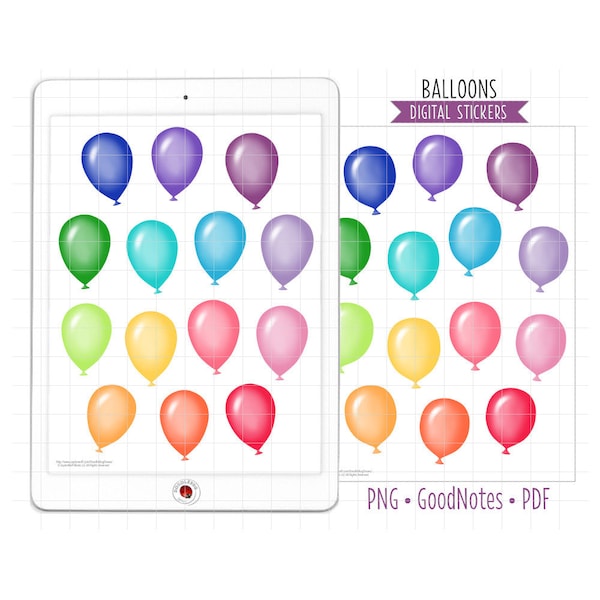 Luftballons digitale Planner Aufkleber, GoodNotes Aufkleber, vorgeschnittenes PNG, druckbare PDF, Geburtstagsparty Journal Aufkleber, Feier
