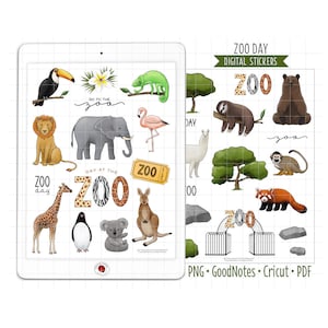 Day at the Zoo Digital Planner Stickers, GoodNotes Stickers, Pre-Cropped PNG, Printable PDF, Cute Animals, Fun Recreation, Journal Stickers