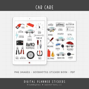 May include: Digital planner stickers with car care themes. Includes illustrations of fuel, auto service, car wash, and other automotive-related icons. The text "CAR CARE" is at the top. The bottom text says "PNG IMAGES • GOODNOTES STICKER BOOK • PDF".