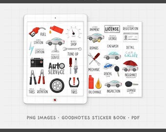 May include: Digital planner stickers with car care themes. Includes illustrations of fuel, auto service, car wash, and other automotive-related icons. The text "CAR CARE" is at the top. The bottom text says "PNG IMAGES • GOODNOTES STICKER BOOK • PDF".