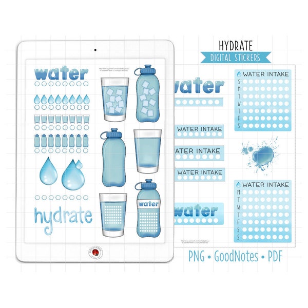 Hydrate, Water Tracker Digital Planner Stickers, GoodNotes Stickers, Pre-Cropped PNG, Printable PDF, Habit Tracking Journal Stickers