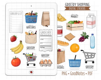 Grocery Shopping Digital Planner Stickers, GoodNotes Stickers, Pre-Cropped PNG, Printable PDF, Groceries, Household Chores, Journal Stickers