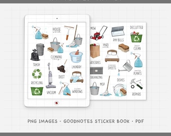 Household Chores Digital Planner Stickers - Cleaning & Housework Icons (PNG, GoodNotes, PDF)
