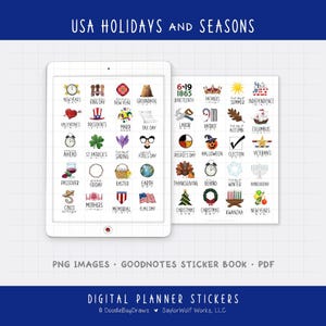 May include: Digital planner stickers featuring USA holidays and seasons. Includes icons for New Year's, Valentine's Day, Presidents' Day, St. Patrick's Day, Easter, Memorial Day, and more. The text "USA Holidays and Seasons" is at the top.