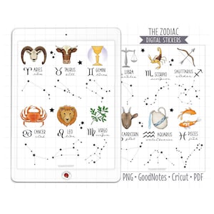 Zodiac Signs Digital Planner Stickers, GoodNotes Stickers, Pre-Cropped PNG, Printable PDF, Horoscope, Astrology Symbols, Journal Stickers