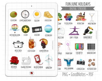 June Wacky Holidays Digital Planner Stickers, Fun National Day GoodNotes Stickers, Pre-Cropped PNG, Printable PDF, Journal Stickers