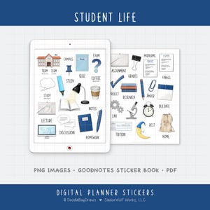 May include: Digital planner stickers with a student life theme. The image shows a tablet with illustrations of school-related items such as a campus, books, and coffee. Additional stickers include a clock, pencil, and a bag labelled "Home".