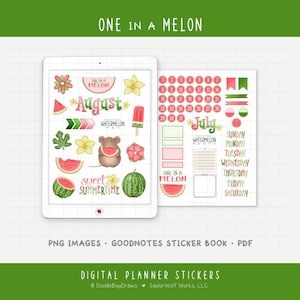 Może przedstawiać: Cyfrowe naklejki do planera z motywem arbuza. Naklejki zawierają plastry arbuza, kwiaty oraz tekst "One in a Melon", "August", "July" i "Sweet Summertime". Naklejki są w formacie PNG.