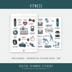May include: Digital planner stickers with a fitness theme. The stickers include icons for exercise, cardio, weights, workout, yoga, and rest day. The text includes "Body Under Construction" and "Strong Tomorrow."