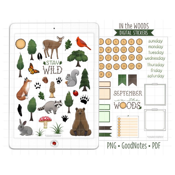 Woodland Digital Planner Stickers, September Monthly Kit, GoodNotes Stickers, Pre-Cropped PNG, Printable PDF Forest & Woods Journal Stickers
