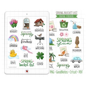 Frühling Bucket List Digitale Planer Aufkleber, GoodNotes Aufkleber, zugeschnittene PNG, druckbare PDF, Spaß Frühling Checkliste, Journal Aufkleber