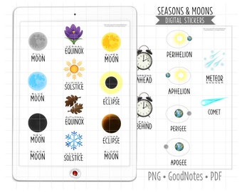 Seasons and Moons Digital Planner Stickers, GoodNotes Stickers, Pre-Cropped PNG, Printable PDF, Celestial Events, Journal Stickers
