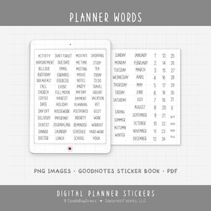 Puede incluir: Pegatinas digitales para planificador con las palabras "Planner Words" en la parte superior. Las pegatinas incluyen palabras como "Actividad", "Cita" y "Cumpleaños". También hay pegatinas de calendario con los meses y las fechas. Disponible en PNG, GoodNotes y PDF.