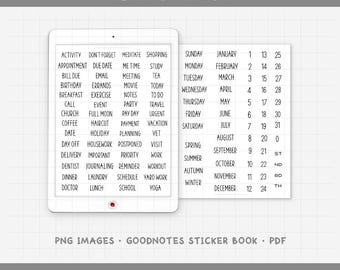 Handwritten Planner Labels Digital Stickers - Months, Dates, Seasons, Appointments, Events, & Reminders (PNG, GoodNotes, PDF)