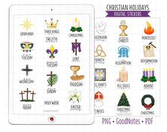 Christian Holidays Digital Planner Stickers, GoodNotes Stickers, Religion Pre-Cropped PNG, Printable PDF, Calendar Icons Journal Stickers