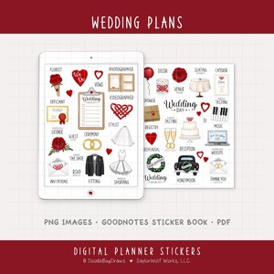May include: A digital planner sticker set featuring wedding-themed illustrations including a checklist, red roses, gold rings, a tuxedo, a wedding dress, a cake, champagne flutes, and a black car, all organized on a tablet screen and a separate sheet.