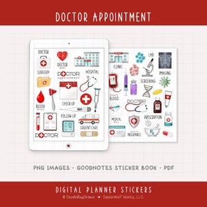 May include: Digital planner stickers with a medical theme. The image features a tablet with various medical icons, including a stethoscope, hospital, and blood work symbols. The text "DOCTOR APPOINTMENT" is at the top.