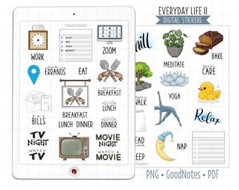 Everyday Life II Digital Planner Stickers, GoodNotes Stickers, Pre-Cropped PNG, Printable PDF, Work, Eat, Relax, Journal Stickers