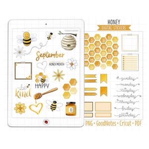 May include: Digital stickers featuring a honey bee theme with illustrations of bees, honeycombs, and jars of honey. The stickers also include a calendar for September, a heart, a banner, and the words "be kind" and "happy".
