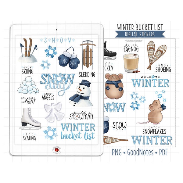 Winter Bucket List Digital Planner Stickers, GoodNotes Stickers, Pre-Cropped PNG, Printable PDF, Snow Day, Winter Sports Journal Stickers