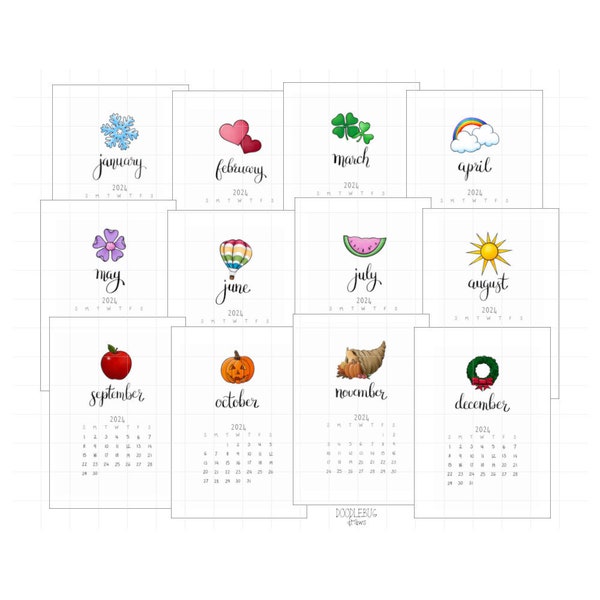 2024 Whimsical Mini Calendars | 12 Months 5x7, 4x6, Business Card | Printable PDF, GoodNotes Stickers, PNG Images, Digital Planner Stickers