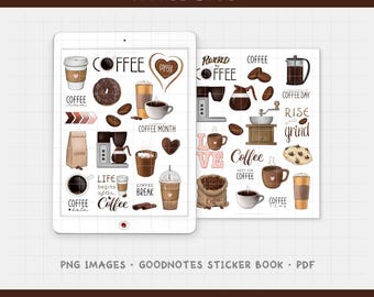 Puede incluir: Pegatinas digitales para planificador con temática de café. Las pegatinas incluyen tazas de café, granos de café, cafeteras y frases como "Coffee Lover" y "Rise and Grind". Las pegatinas se muestran en una tableta y un bloc de notas.