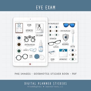 May include: Digital planner stickers with an eye exam theme. Includes images of eye charts, glasses, contact lenses, and eye-related medical tools. The text includes "Eye Exam", "Optometry", and "Vision Insurance".