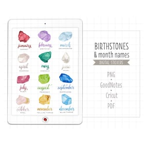 Watercolor Birthstones and Month Names - Birthday Digital Planner Stickers (PNG, GoodNotes, PDF)