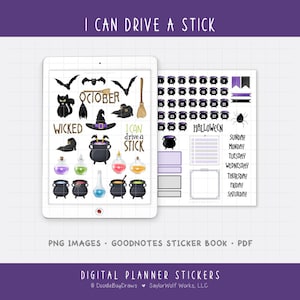 May include: Digital planner stickers with a Halloween theme. The stickers include bats, a black cat, witch hats, cauldrons, potion bottles, and the text "I can drive a stick". The stickers are displayed on a tablet.