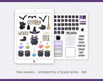 Halloween Witch - October Monthly Digital Planner Sticker Kit - Magic Potions & Cauldrons (PNG, GoodNotes, PDF)