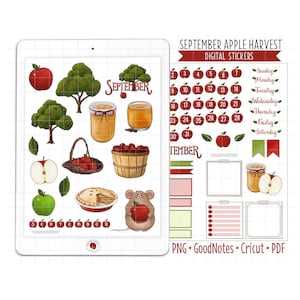 Apple Picking Digital Planner Stickers, September Monthly Kit, GoodNotes Stickers, Pre-Cropped PNG, Printable PDF, Autumn Journal Stickers