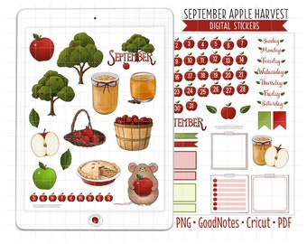 Apple Picking Digital Planner Stickers - September Seasonal Calendar Theme (GoodNotes, PNG, Cricut, Printable PDF)