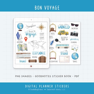 May include: Digital planner stickers with travel-themed illustrations. Includes a globe, airplane, passport, map, suitcase, taxi, camera, and more. The text "Bon Voyage", "Explore", and "Travel" are also included.