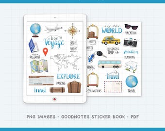 Könnte beinhalten: Digitale Planer-Aufkleber mit Illustrationen zum Thema Reisen. Enthält einen Globus, ein Flugzeug, einen Reisepass, eine Karte, einen Koffer, ein Taxi, eine Kamera und mehr. Der Text "Bon Voyage", "Explore" und "Travel" ist ebenfalls enthalten.