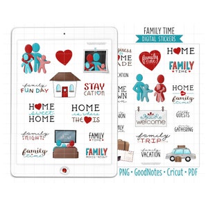 May include: A set of digital stickers featuring illustrations of families and homes. The stickers are in a cartoon style with bright colors, including red, blue, and pink. The stickers are perfect for adding a personal touch to planners, journals, and other digital documents.