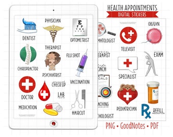 Health Appointments Digital Planner Stickers, GoodNotes Stickers, Pre-Cropped PNG, Printable PDF, Medical Reminders Journal Stickers