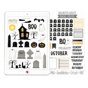 Digitale plannerstickers spookhuis, maandkit oktober, Halloween GoodNotes-stickers, png, pdf, begraafplaats, dagboekstickers kerkhof