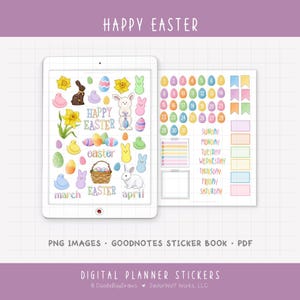 May include: Digital planner stickers with an Easter theme. The stickers include bunnies, eggs, flowers, and the words "Happy Easter", "March", "April", and "Easter". The stickers are displayed on a tablet screen and a separate planner page.