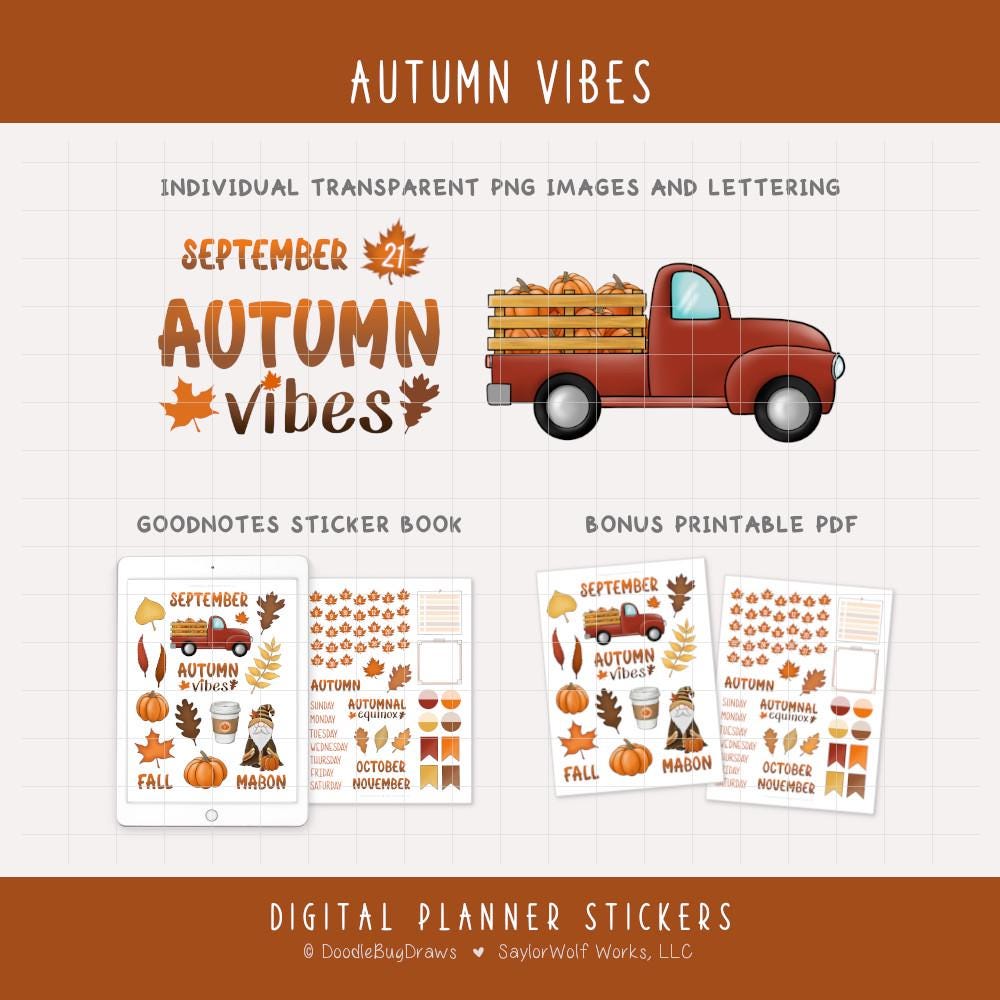September Fall Sticker Autumn Vibes - September Monthly Digital Planner Sticker Kit - Fall ...