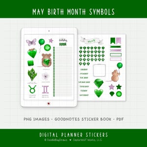 May include: Digital planner stickers featuring May birth month symbols. The stickers include a butterfly, green gems, a mouse holding a balloon, and zodiac symbols. Text includes "May Birth Month Symbols", "PNG Images", and "Digital Planner Stickers".