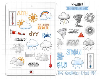 Wetter Digitale Planer Aufkleber - Meteorologie Kalender Symbole (GoodNotes, PNG, Cricut, Printable PDF)