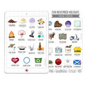 Pegatinas digitales para planificadores de noviembre, divertidas pegatinas de GoodNotes para el Día Nacional, PNG precortado, PDF imprimible, pegatinas para diario